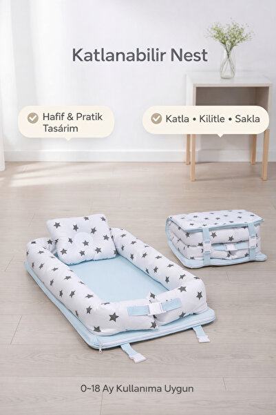 ebabynest Serisi Beyaz Yıldız Mavi Kombin Katlanabilir Nest