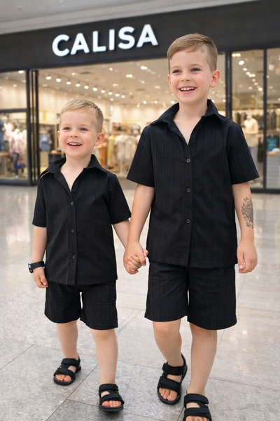 CALİSA Boy's Aerobin Linen Fabric Short Sleeve Shirt Linen Short Shorts Festi...