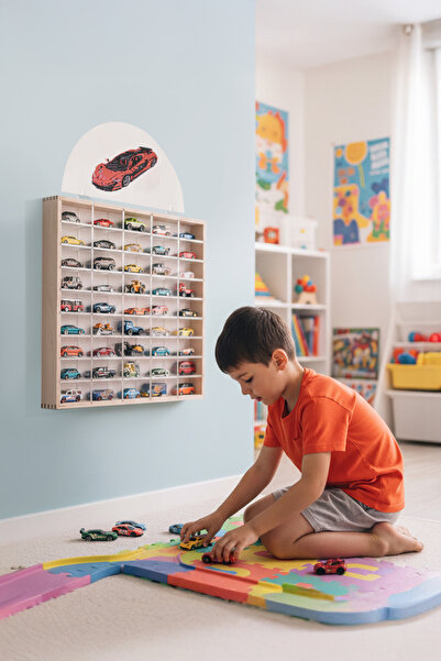 ROZİTOYS 50'Lİ Ahşap Oyuncak Araba Rafı, Duvara Asılabilen Pleksi Raflı Hobi ...