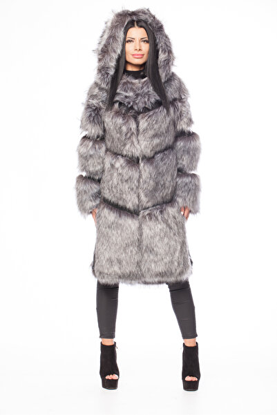 FeteRL Haină lungă din blană artificială gri