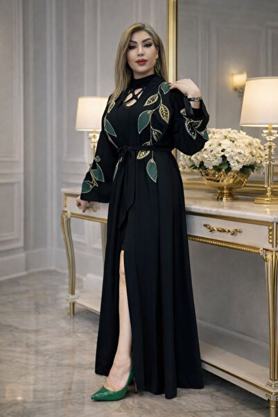 Yeşilmoda عباية، نمط أوراق الشجر، أسود، فستان سهرة، قماش كريب، ترتر مطرز يدوي...