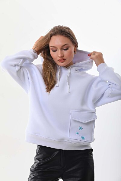 kallima سترة بغطاء رأس قصة فضفاضة ذات 3 خيوط بيضاء شتوية سميكة وناعمة مع جيوب