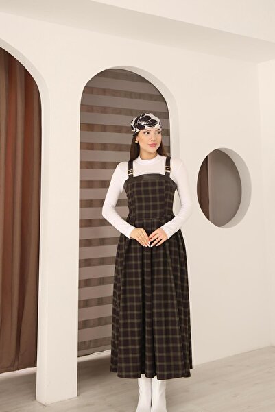 İgnites Black Leather Strap Plaid Dress-İgni̇tes-00039