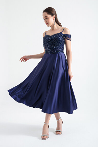 Lafaba Γυναικείο βραδινό φόρεμα με λουράκι σε μπλε ναυτικό κομμένο μίντι