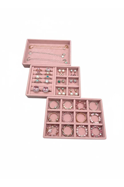 MeGass Dekor مجموعة من 3 حاملات مجوهرات من قماش الجلد المدبوغ باللون الوردي م...