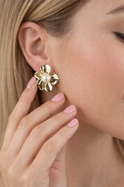 Furtek Aksesuar Kadın İncili Çiçek Çelik Küpe Flower Model Gold Kaplama Kararmaz