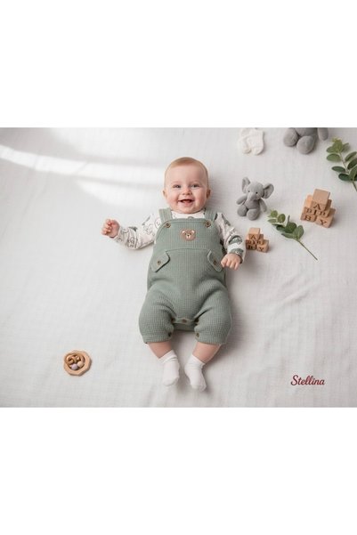 Generic Brand Baby Boy 3-Piece Romper Set With Overalls and Socks, Teddy Bear Patterned Bodysuit, Bear Embroidered, Cotton, Unisex