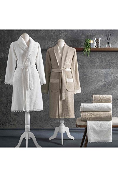 Taç Sambre Pamuk Aile Bornoz Seti Beyaz Cappucino