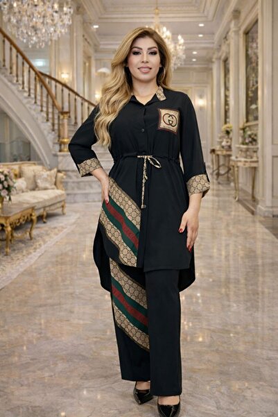 Yeşilmoda طقم تونيك وبنطلون قماش كريب أسود عالي الجودة