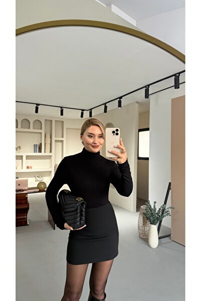 Sezgi Tekin Premium Series Black Turtleneck Cotton Basic Blouse