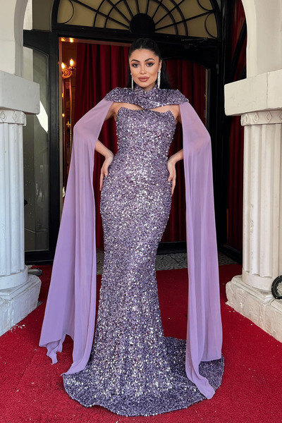 giyimmasalı Rochie de seară cu detaliu de pelerină din țesătură cu paiete - LILA