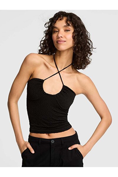 PİNK Çiçek Desenli Jakarlı Dekolte Yaka Halter Üst