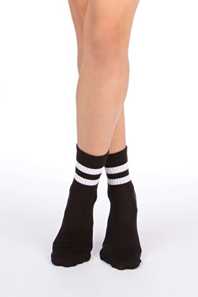 Meguca Socks Unisex Beyaz Çizgili Siyah Pamuklu Kolej Çorap Seti 5 Çift