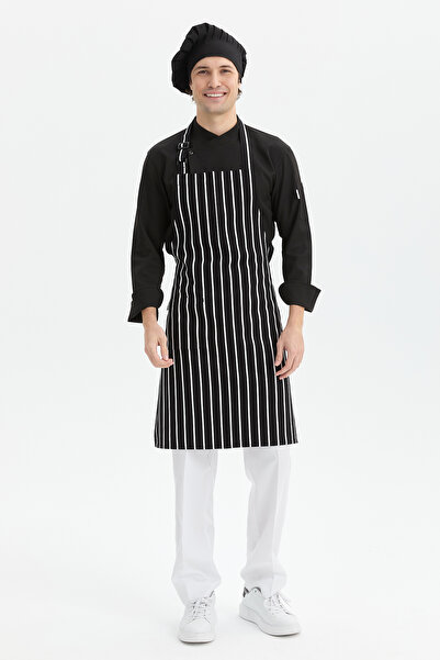 MyChef مريلة مطبخ للطهي باللون الأسود والأبيض مخططة ومزخرفة بحزام قابل للتعديل