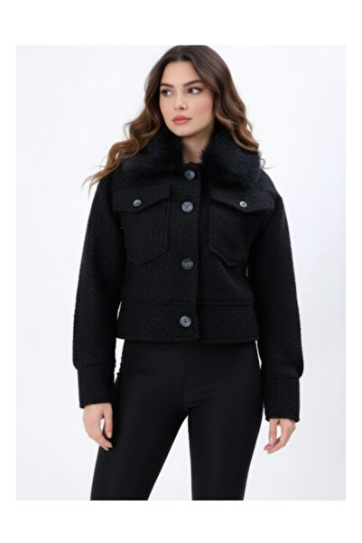 EsSo butik Yeni Sezon Yakası Çıkarılabilir Kürklü Kısa Buklet Ceket