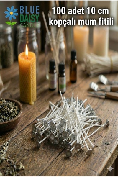 BlueDaisyCandle Hazır Kopçalı 10 Cm % 100 Pamuk Mum Fitili Sert Mumlanmış Çıt...