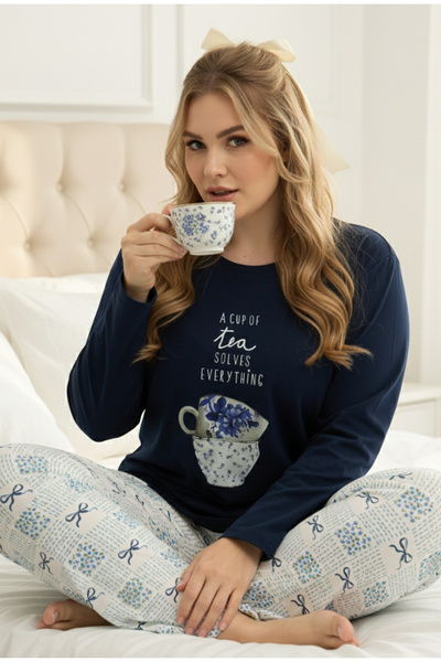 Siyah İnci lacivert desenli Curve Büyük Beden Battal Boy Pamuklu Pijama Takım...