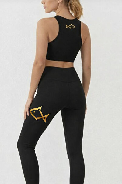 TWINTICKS Black Women's Yoga Pilates Set – Gold Lotus Flower Patterned Sports...