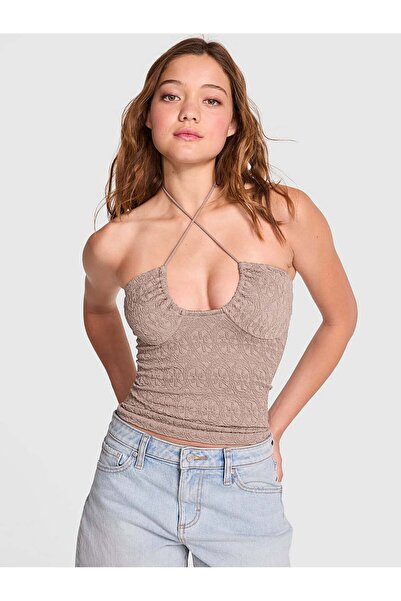 PİNK Çiçek Desenli Jakarlı Dekolte Yaka Halter Üst