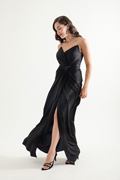 Lafaba Černé saténové dlouhé večerní šaty bez ramínek – ženy