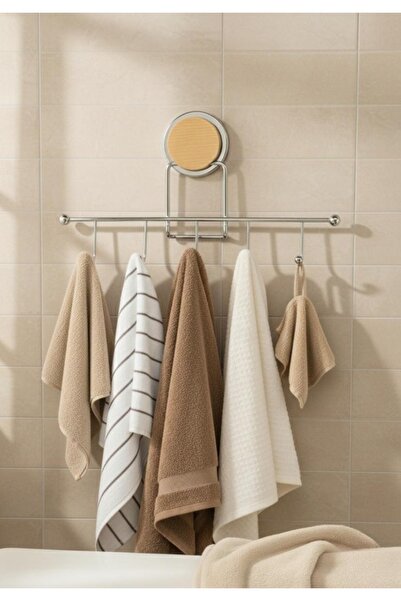 Okyanus Home Ahşap Desenli Magic Fix Sihirli Yapışkan Krom 5'li Askı