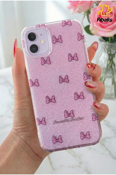 Fibaks Apple iPhone 11 Uyumlu Kılıf Mor Simli Fiyonk Desenli Renkli Parlak Da...