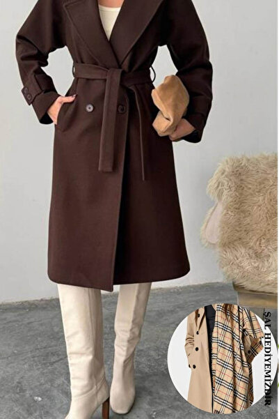 Neşeli Butik palton de damă maro, cu detaliu de nasturi și căptușeală, cu bro...