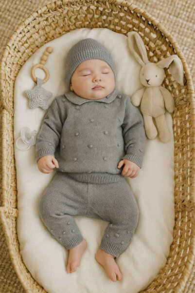 Minora Unisex Baby Shirt Collar Pompom 3-Piece Set Gray