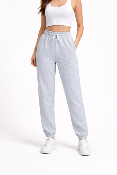 POLYMOOD بنطلون رياضي رمادي نسائي 2 خيط بخصر مطاطي وأرجل مطاطية