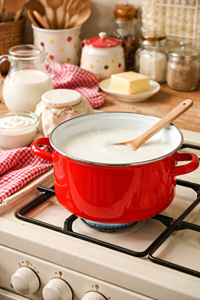 EBRULİEMAYE Orange Enamel Deep Pot 4.5 Liters 24 cm Diameter Milk Yogurt Soup...