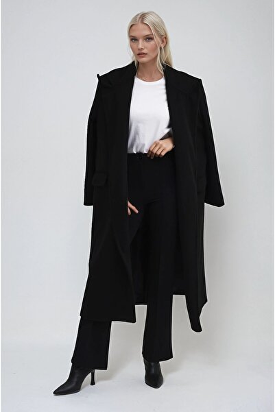 Lijuri Black Textured Basic Belted Coat 7098 R9-J-K4