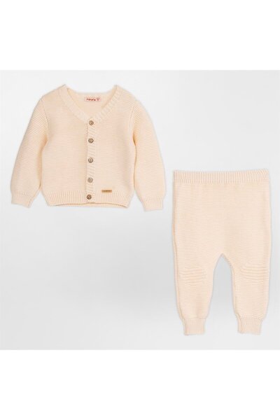 Minora Knitwear Unisex V-Neck Cardigan Trousers Set Stone