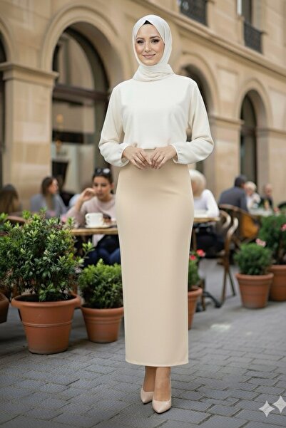 asilmoda Lycra Elastic Waist Pencil Skirt - Mink