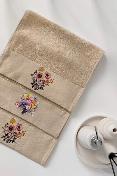 Sevim Set prosoape bej cu imprimeu floral - 3 prosoape de mână din bambus, mo...