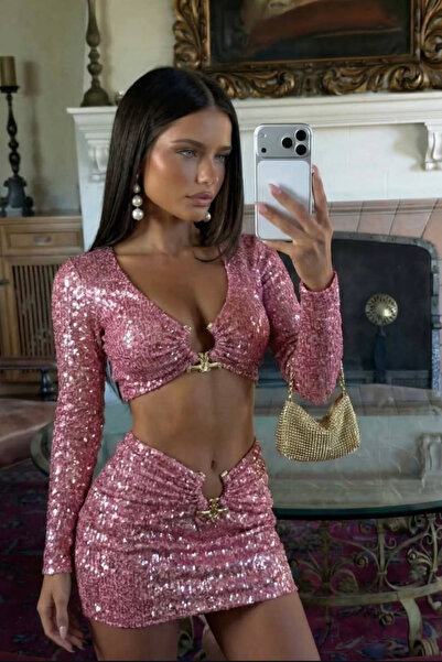 Afitapbutikmoda ZR Model Aksesuar Detay Pul Payet Crop Etek Takım