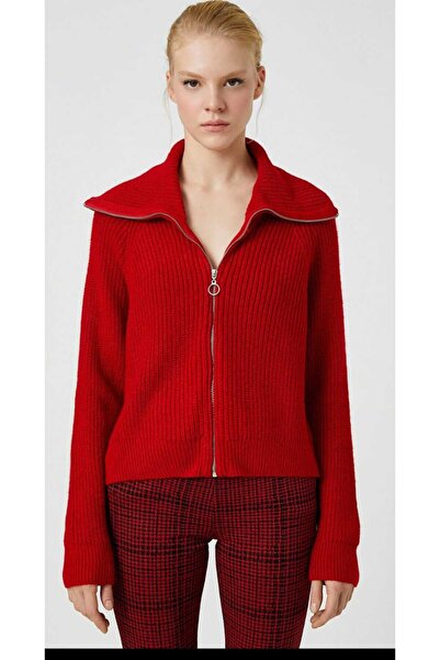 Nopen Knitwear Swc Red Turn-Down Collar Zippered Knitwear Cardigan