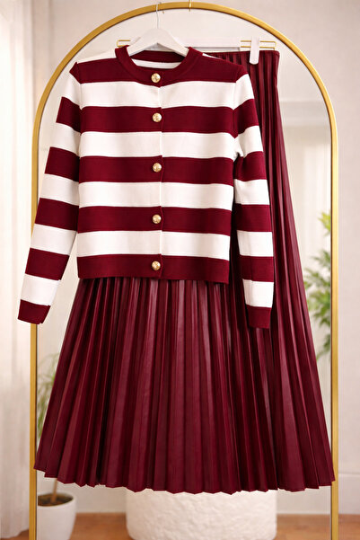 Bahar Altundemir Kadın Triko Hırkalı Piliseli Etekli Bordo Takım Kadın Kısa Ç...