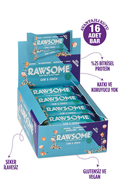 Rawsome Chia Ve Kakao Çekirdekli Glutensiz Ve Vegan Protein Bar 40g X 16 Adet