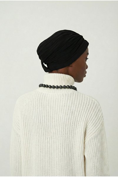 elysianfidan Pearl Embroidered Black Ready-To-Wear Turban Hijab Medical Cap Suitable for Medical Use