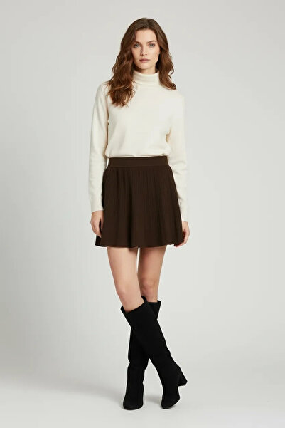 Myra Pile Detailed Elastic Waist Mini Shorts Skirt Brown