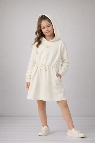 mumuko Kız Çocuk Ekru Kapüşonlu Elbise Fiyonk Detaylı