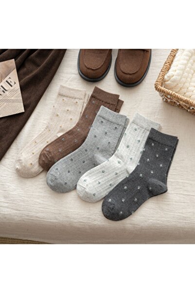 Lesha 5 Pairs Women's Premium High Cotton Mid-Crew Flower Pattern Casual Socks