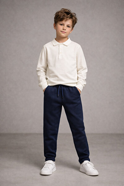 mumuko Erkek Çocuk Beyaz Polo Yaka Uzun Kollu %100 Pamuk Basic Sweatshirt