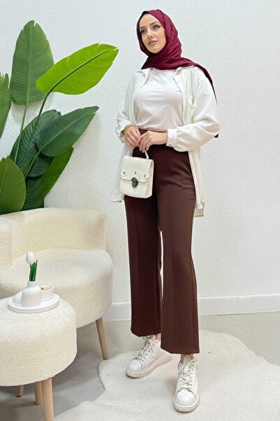 Tesettür Diyarı Scuba Fabric Elastic Waist Pare Hijab Pants - Brown