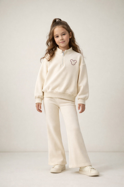 mumuko Kız Çocuk Ekru Yarım Fermuarlı Nakış Detaylı Sweatshirt