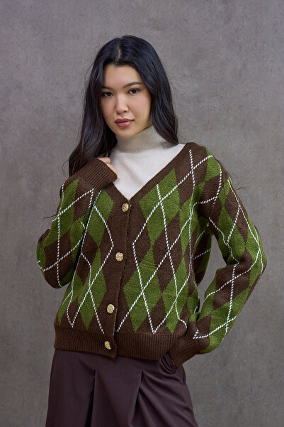 KÜÇÜĞÜM BUTİK Brown Diamond Patterned Cardigan