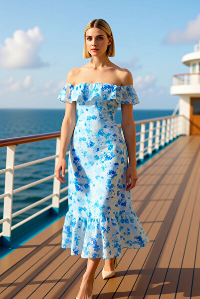 BENERLY Women's Carmen Collar Sleeveless Ruffled Chiffon Midi Dress Functiona...