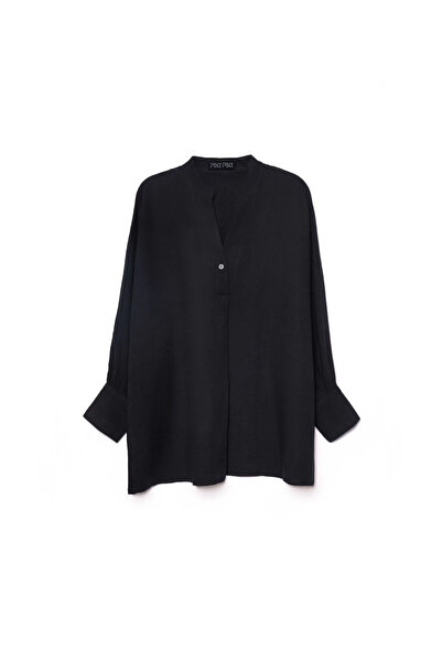 PIKI PIKI V NECK BLACK RAYON-LINEN SHIRT