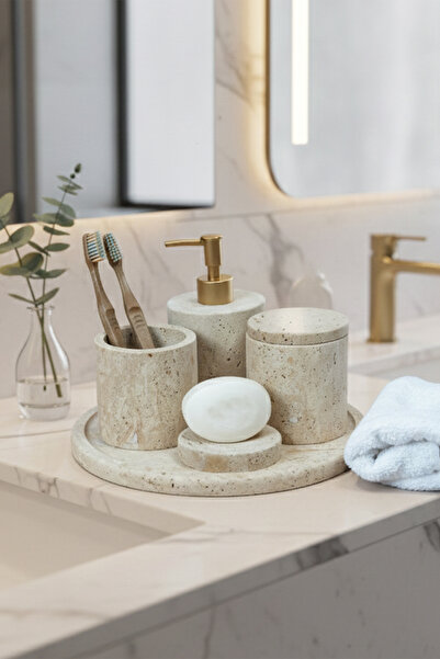 Deconore Traverten Mermer Banyo Seti 5’li – El Yapımı Doğal Taş Banyo Aksesua...