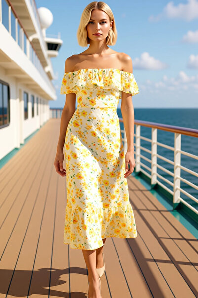 BENERLY Women's Carmen Collar Sleeveless Ruffled Chiffon Midi Dress Functiona...